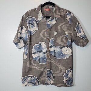Union Bay Hawaiian Tropical Short Sleeve Shirt Gray w/ Blue Floral Casual Size L